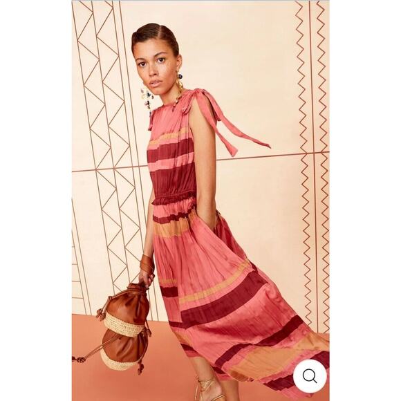 $878 Ulla Johnson - Alessa Dress in CeriseStriped Pleated Plissé Midi Sz 2 - Picture 3 of 16